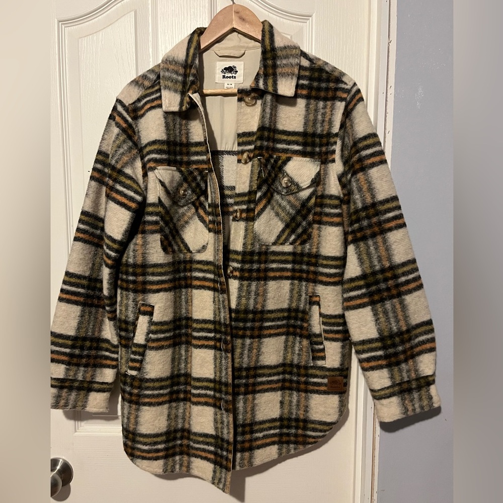 Roots Women's Cream Plaid Wool-Blend Shacket